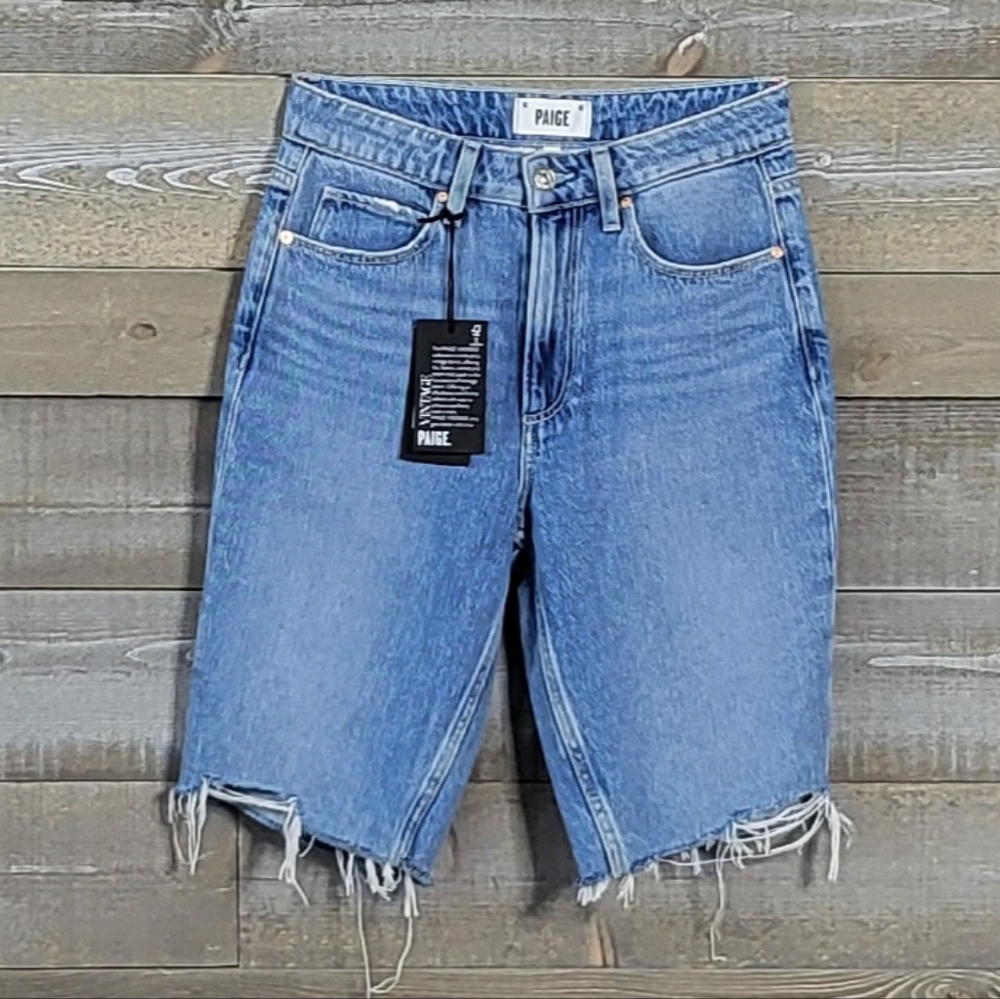 NWT Paige Robbie Vintage Inspired Distressed Frayed Hem High Rise Bermud…